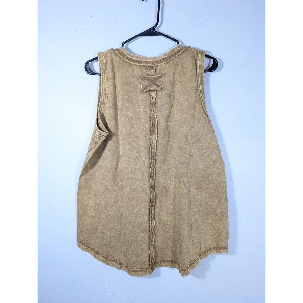 ZENANA Color Washed Henley‎ Tank top Tunic Raw Edge Exposed Seam Mocha Large